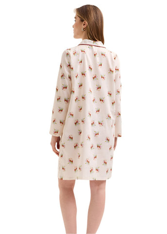 Loulou Floral Bouquet Print Cotton Sateen Long Sleeve Nightshirt in Lait