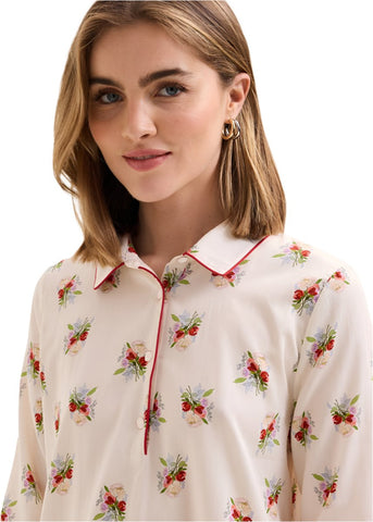 Loulou Floral Bouquet Print Cotton Sateen Long Sleeve Nightshirt in Lait