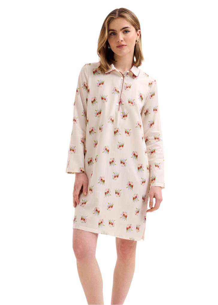 Loulou Floral Bouquet Print Cotton Sateen Long Sleeve Nightshirt in Lait