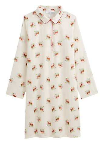 Loulou Floral Bouquet Print Cotton Sateen Long Sleeve Nightshirt in Lait