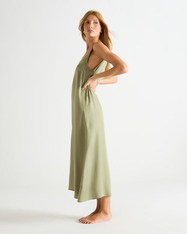 Cleome Satin Sleeveless Scoop Neck Long Gown in Kaki