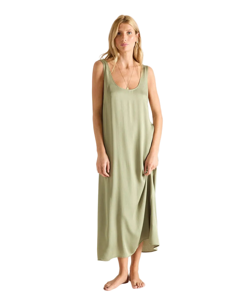 Cleome Satin Sleeveless Scoop Neck Long Gown in Kaki