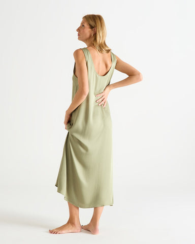 Cleome Satin Sleeveless Scoop Neck Long Gown in Kaki