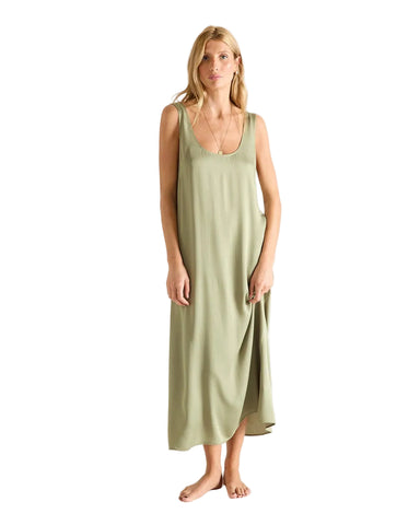Cleome Satin Sleeveless Scoop Neck Long Gown in Kaki