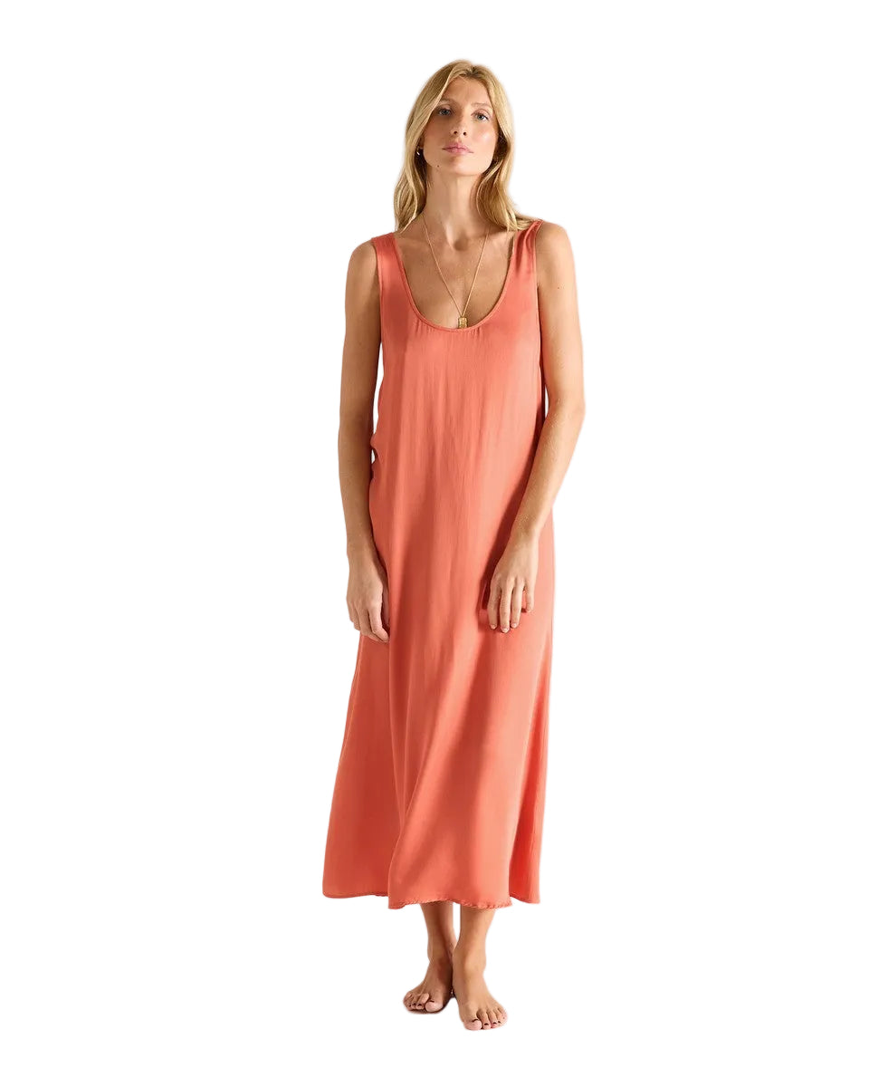 Cleome Satin Sleeveless Scoop Neck Long Gown in Orange