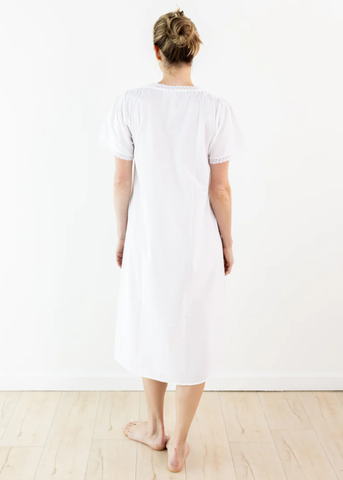 Lynn Embroidered + Pintucked Short Sleeve Nightgown in White