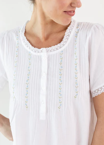 Lynn Embroidered + Pintucked Short Sleeve Nightgown in White