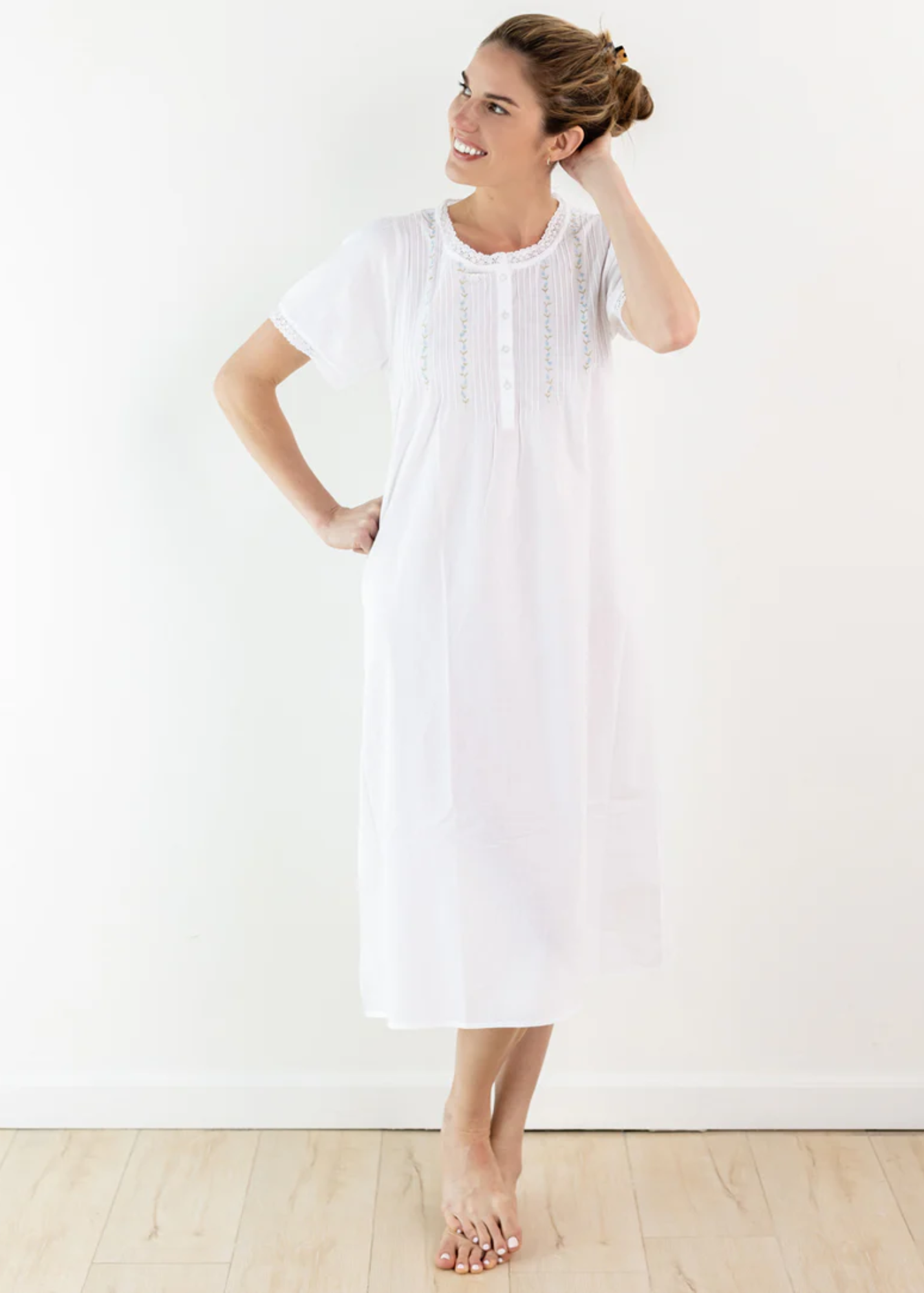 Lynn Embroidered + Pintucked Short Sleeve Nightgown in White