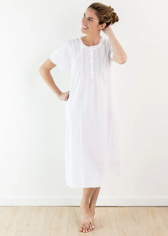 Lynn Embroidered + Pintucked Short Sleeve Nightgown in White