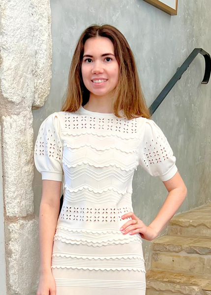 Marcelena Stripe Eyelet Knit Short Sleeve Top in Cowrie