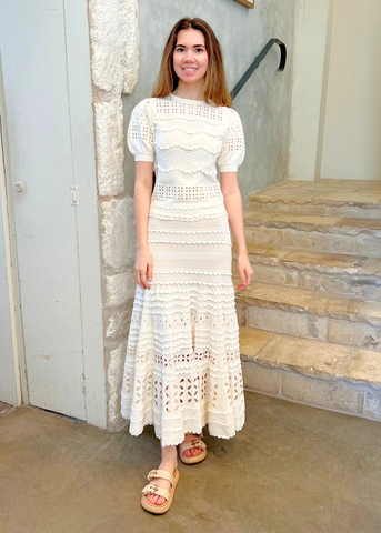 Annisa Stripe Eyelet Midi Skirt in Cowrie