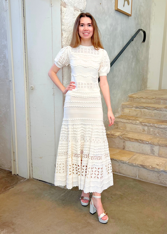 Annisa Stripe Eyelet Midi Skirt in Cowrie