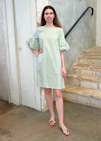 Short Sleeve Cotton Shift Dress with Applique Flowers in Menta