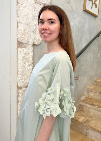 Short Sleeve Cotton Shift Dress with Applique Flowers in Menta