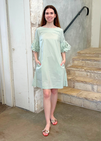 Short Sleeve Cotton Shift Dress with Applique Flowers in Menta