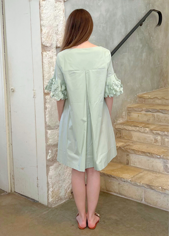 Short Sleeve Cotton Shift Dress with Applique Flowers in Menta