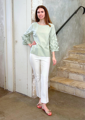 3/4 Length Sleeve Cotton Top with Applique Flowers in Menta