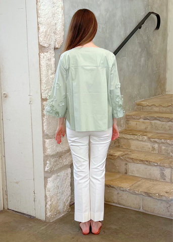 3/4 Length Sleeve Cotton Top with Applique Flowers in Menta