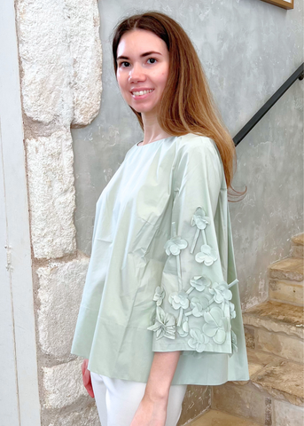3/4 Length Sleeve Cotton Top with Applique Flowers in Menta