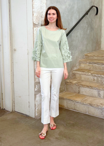 3/4 Length Sleeve Cotton Top with Applique Flowers in Menta