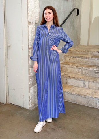 Mini Striped Cotton Maxi Shirt Dress in Soft Navy + White