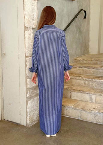 Mini Striped Cotton Maxi Shirt Dress in Soft Navy + White