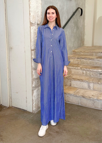 Mini Striped Cotton Maxi Shirt Dress in Soft Navy + White