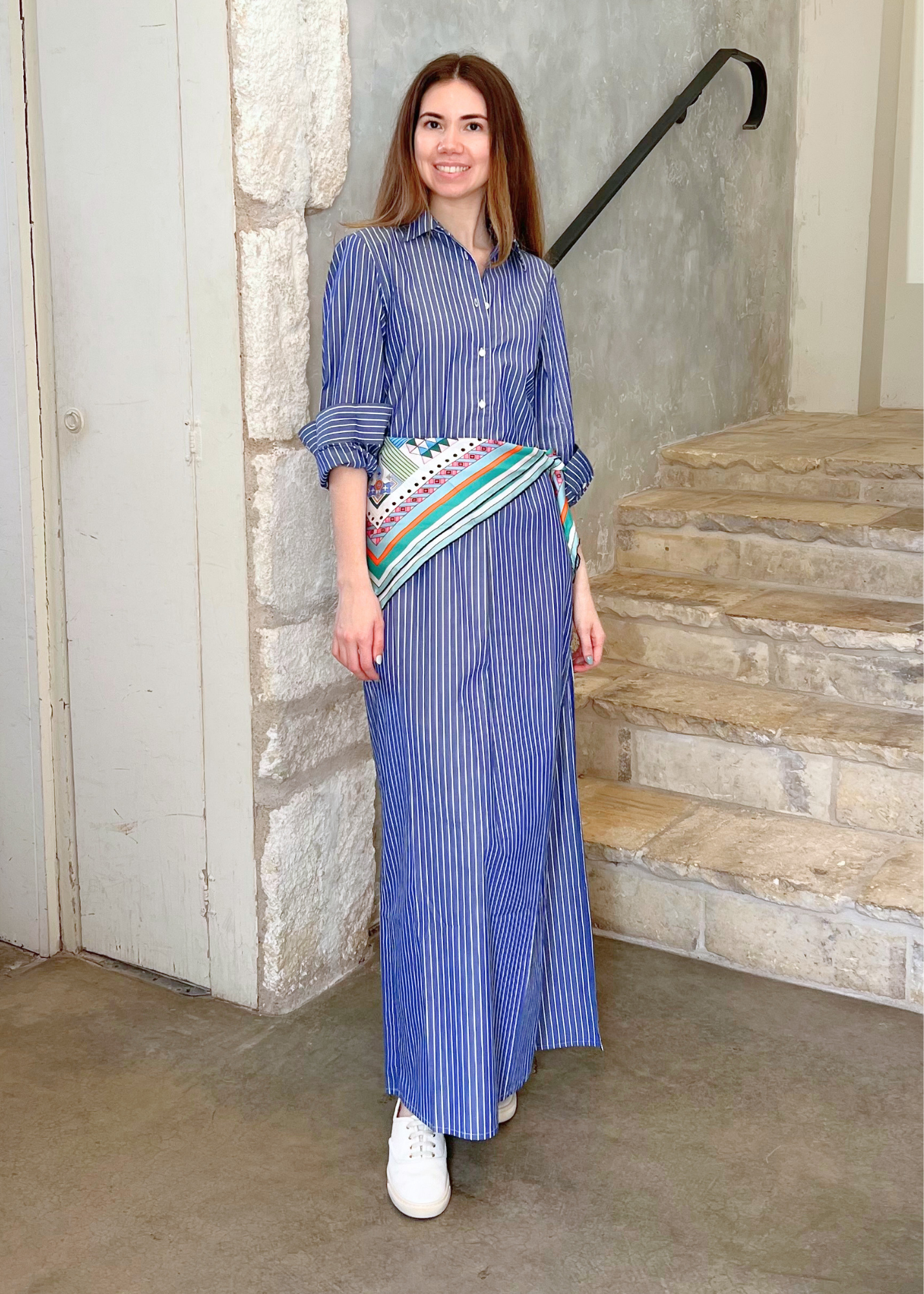 Mini Striped Cotton Maxi Shirt Dress in Soft Navy + White