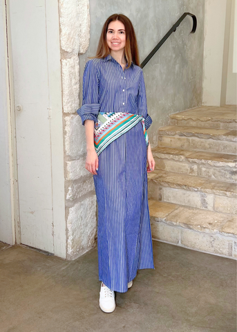 Mini Striped Cotton Maxi Shirt Dress in Soft Navy + White