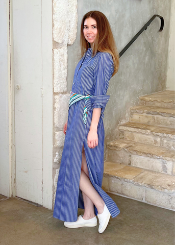 Mini Striped Cotton Maxi Shirt Dress in Soft Navy + White