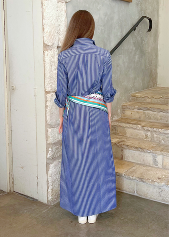 Mini Striped Cotton Maxi Shirt Dress in Soft Navy + White