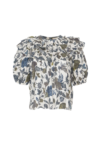 Mira Shadow Stripe Botanical Print Puff Sleeve Top in Porcelain