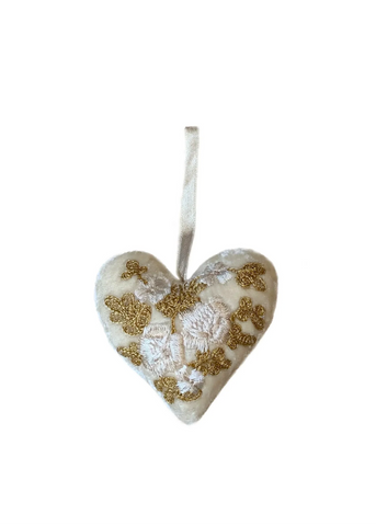Miranda Gold Embroidered Silk Velvet Heart in Ivory