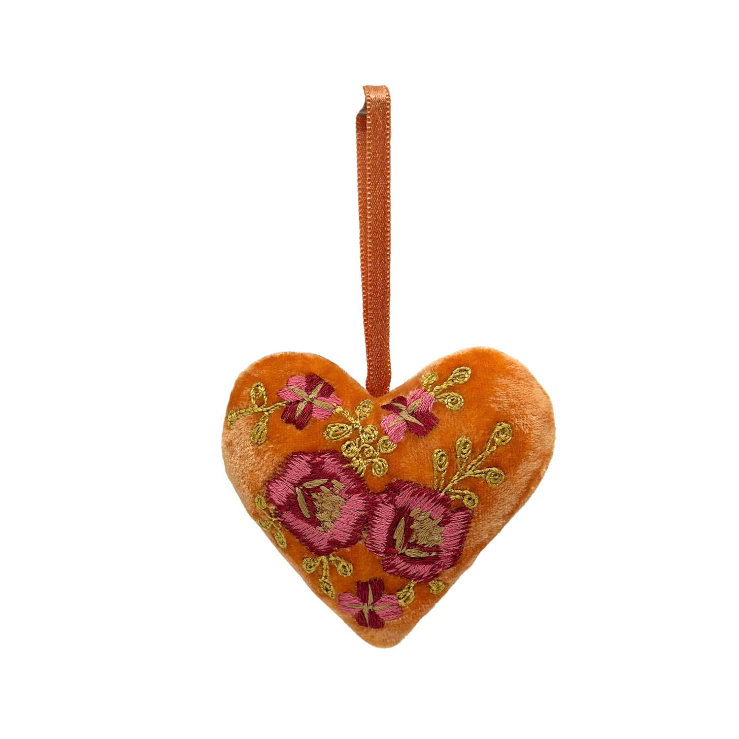 Miranda Red Embroidered Silk Velvet Heart in Dark Tangerine