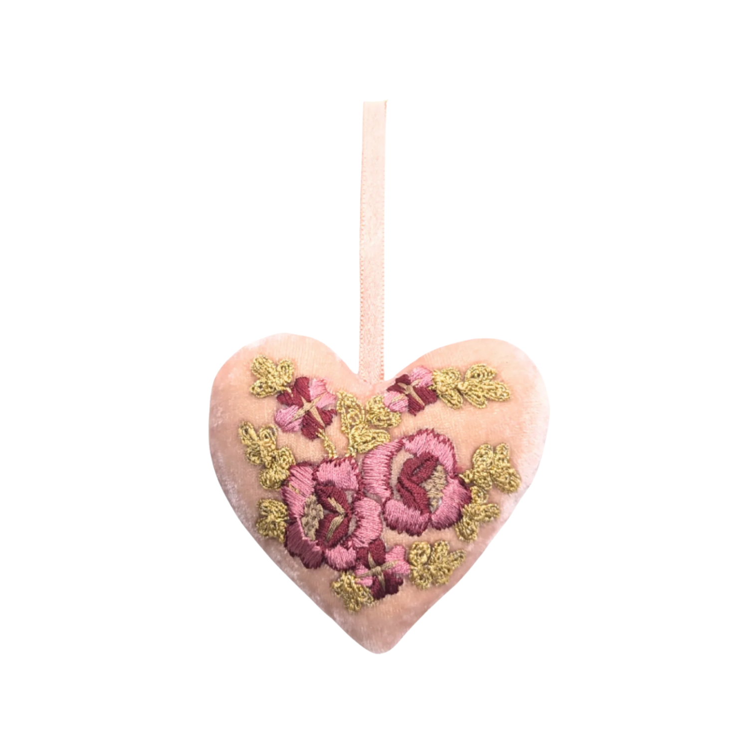Miranda Red + Gold Embroidered Silk Velvet Heart in Pink Quartz