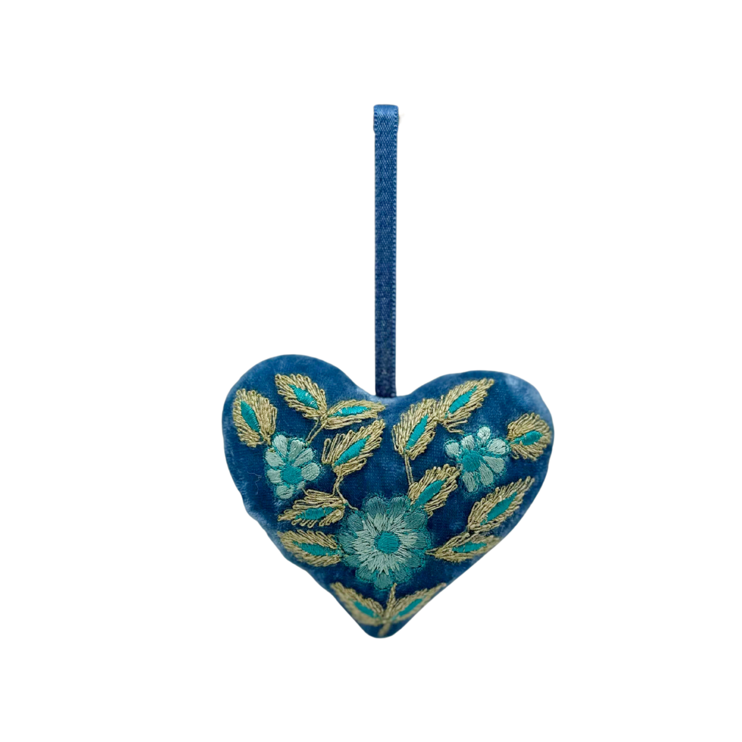 Moira Blue Embroidered Silk Velvet Heart in Indigo
