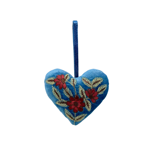 Moira Red Embroidered Silk Velvet Heart in Cobalt
