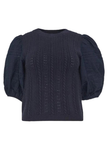 Myra Mixed Media Puff Short Sleeve Sweater in Navy