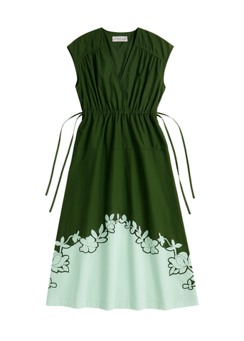 Nara V-Neck Cinch-Waist Sleeveless Appliqued Midi Dress in Seafoam + Fatigue