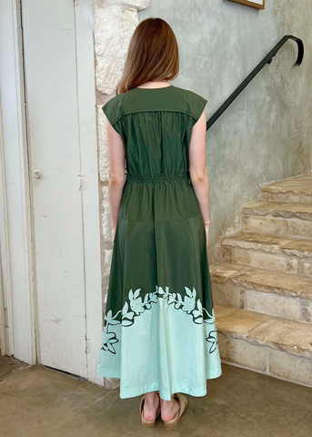 Nara V-Neck Cinch-Waist Sleeveless Appliqued Midi Dress in Seafoam + Fatigue