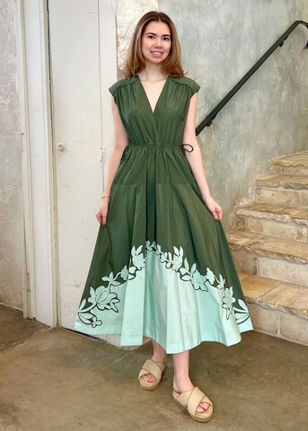 Nara V-Neck Cinch-Waist Sleeveless Appliqued Midi Dress in Seafoam + Fatigue