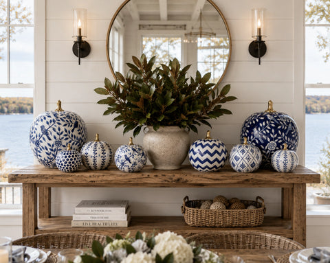 Hand Painted Metal Pumpkin Collection in White + Navy