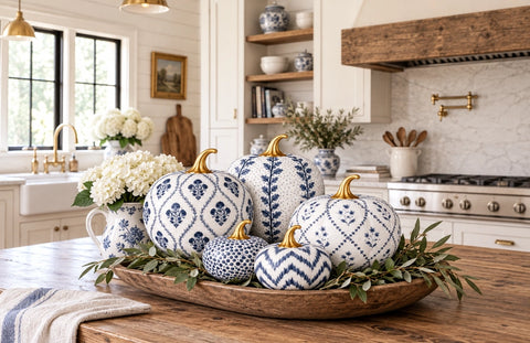 Hand Painted Metal Pumpkin Collection in White + Navy
