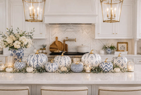 Hand Painted Metal Pumpkin Collection in White + Navy
