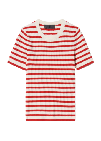 Alita Stripe Short Sleeve Kint Top in Ivory + Red