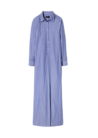 Mini Striped Cotton Maxi Shirt Dress in Soft Navy + White
