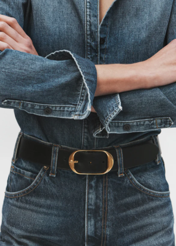 Nili Lotan Vachetta Leather Belt in Black + Brass