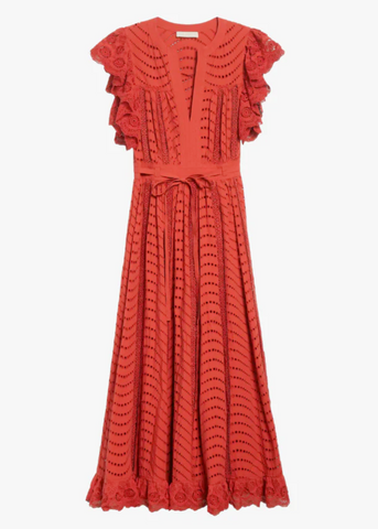 Olga Water Washed Eyelet Poplin Flutter Sleeve Midi Dress in Claret