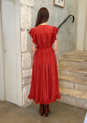 Olga Water Washed Eyelet Poplin Flutter Sleeve Midi Dress in Claret