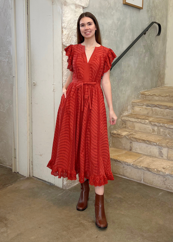 Olga Water Washed Eyelet Poplin Flutter Sleeve Midi Dress in Claret